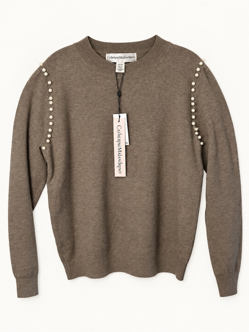 NWT Catherine Malandrino Brown Pearl-Trim Crewneck Sweater Wool Blend Woman’s XL